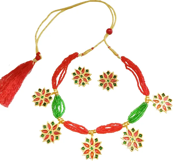 Assamese_Traditional_Gold_Plated_Red_Green_Colour_Golpata_Necklace_Set_For_Women